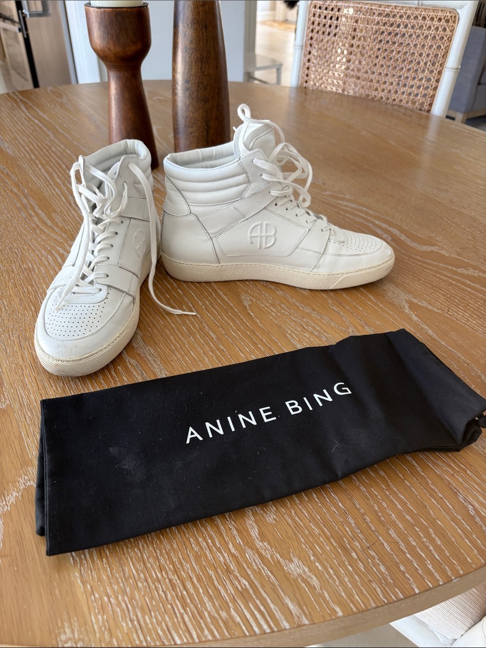Anine Bing Off-White High-Top Leather Sneakers